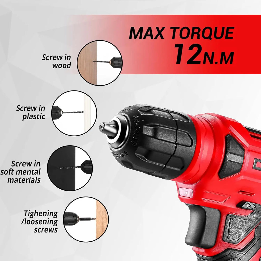8V Cordless Drill 126-Piece Home Tool Kit - Red Electric Drill & Hand Tools for DIY