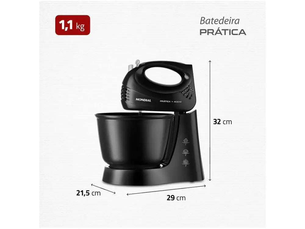 Black Electric Hand Mixer 400W, 3-Speed + Turbo with Mixing Bowl & Beaters - 110V