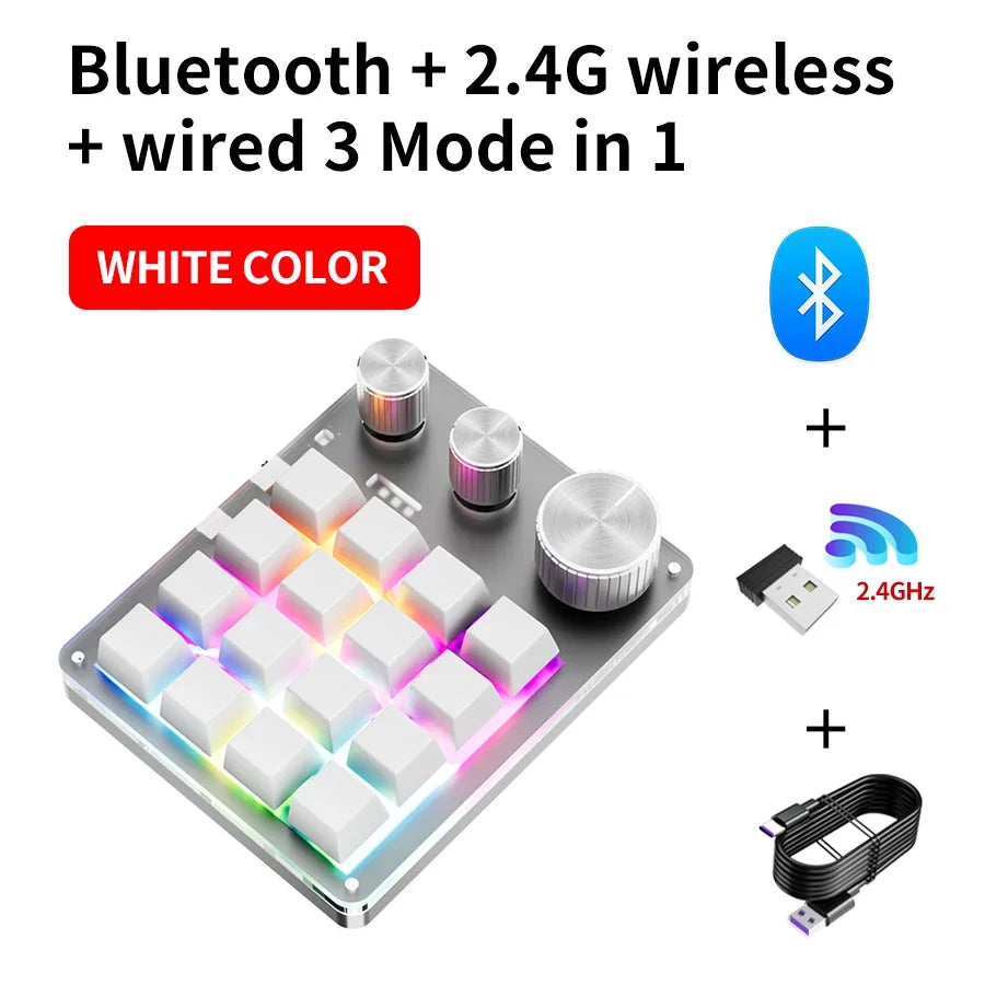 16-Key Mechanical Macro Keyboard with 3 Programmable Knobs, Volume Control, USB Wired, Bluetooth & 2.4G Wireless