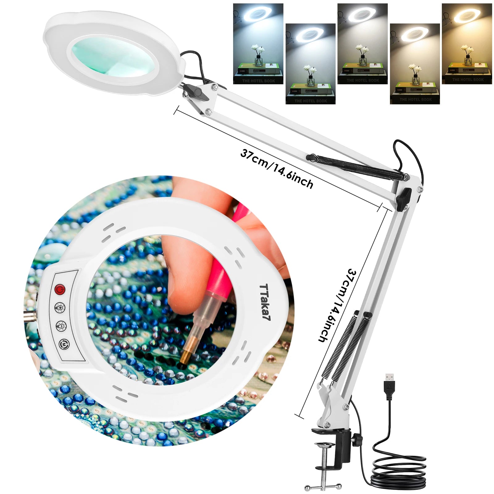 72-LED 4.2-Inch (106 mm) 8X/10X USB Illuminated Magnifying Lamp — 3-Color LED, Adjustable Swing Arm Clamp for Soldering, Repair & Beauty