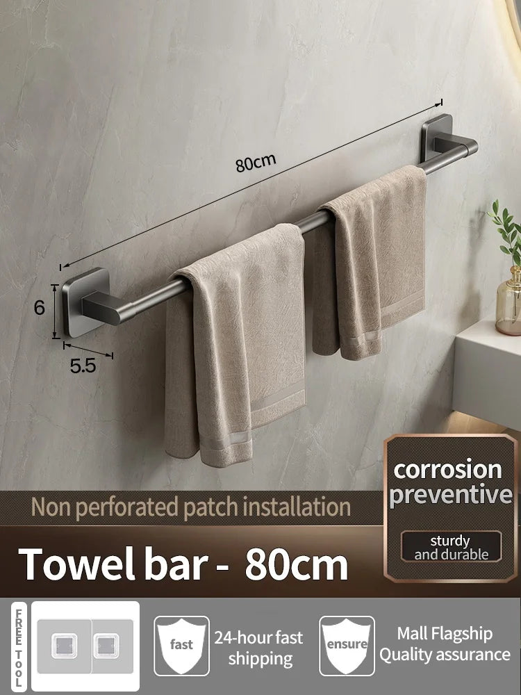 No-Drill Adhesive Towel Bar – Wall-Mount Towel Rack & Hook for Bathroom, Kitchen, Tile, Glass