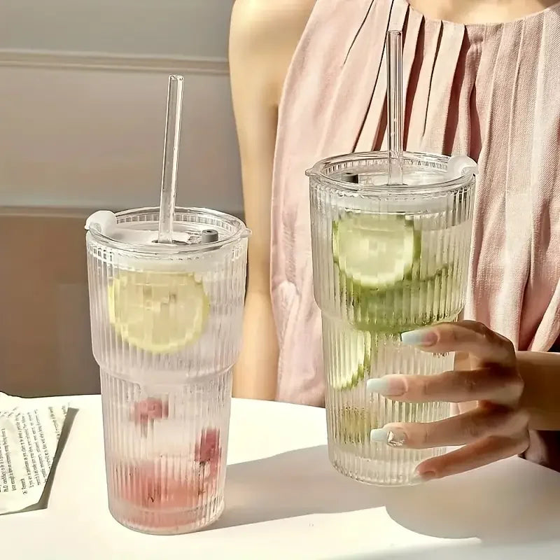 600ml (20 oz) Striped Glass Tumbler with Lid & Straw - Clear Drinking Cup for Juice, Water & Iced Coffee (Single or 2-Pack)