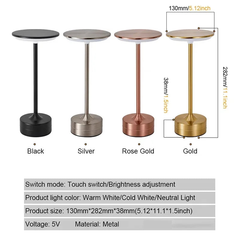 LED Touch Desk Lamp, Rechargeable Dimmable Metal & Crystal Table Light — 3-Color Portable USB for Office Bedroom Living Room