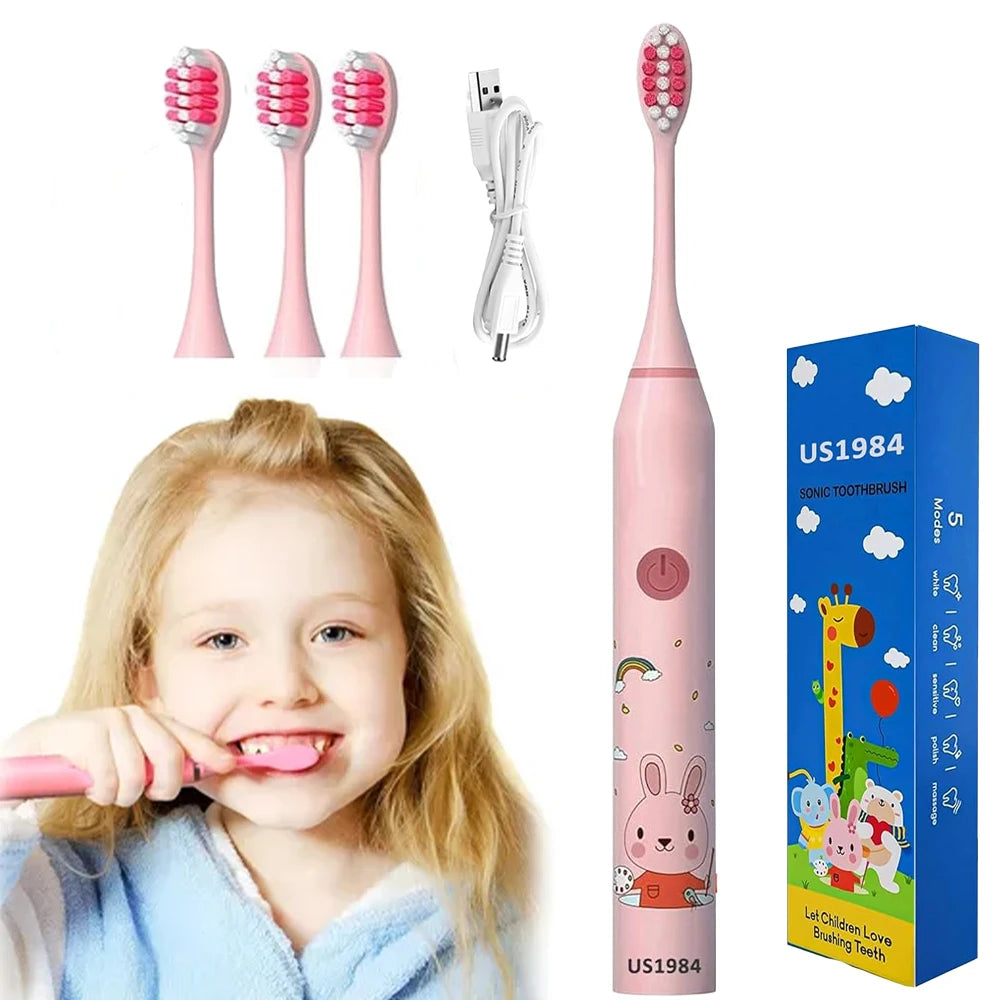 Rechargeable Sonic Electric Toothbrush for Kids - 4 Replacement Heads, Soft Bristles, Ages 3-12