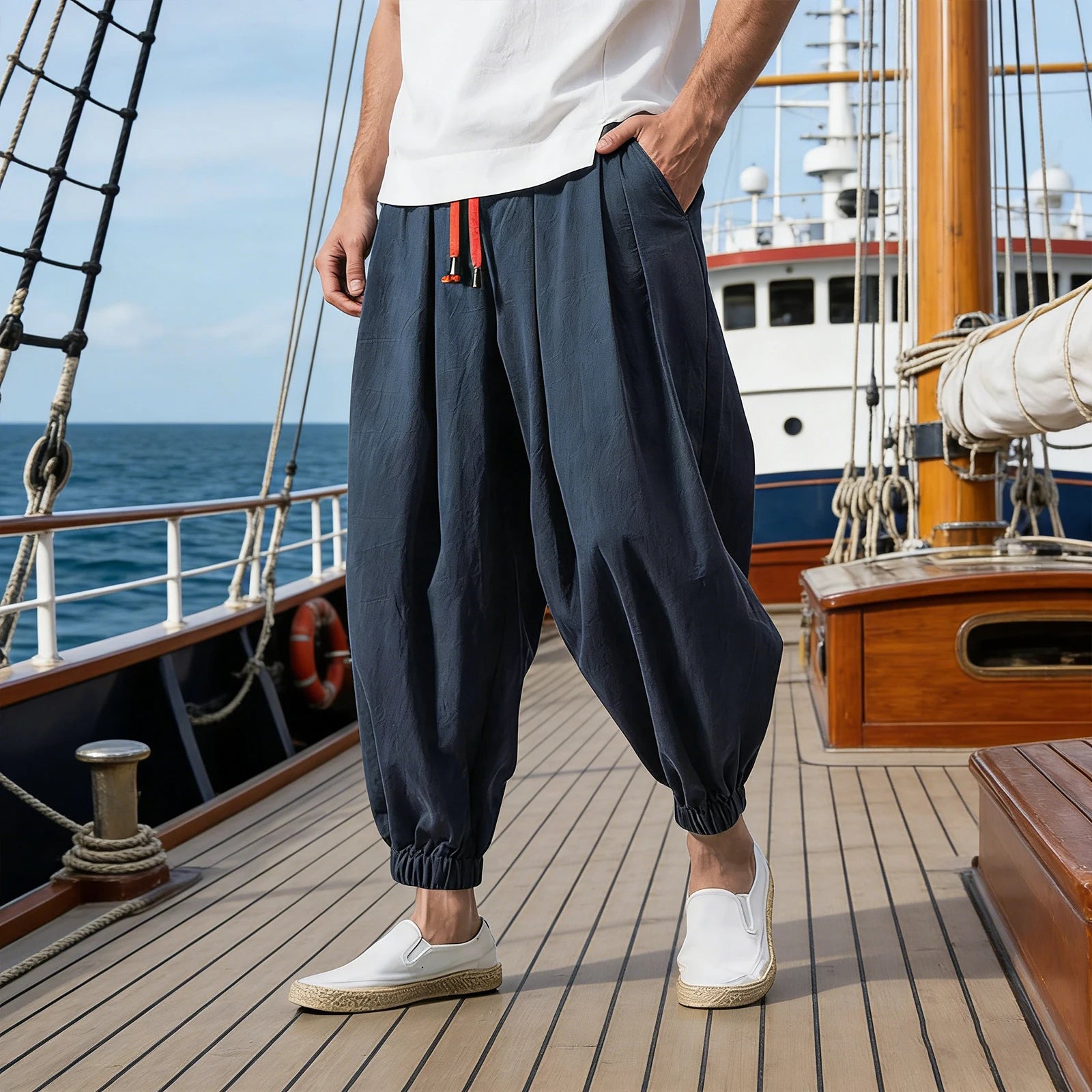 Men's Linen Ankle-Length Cropped Pants Elastic Waist Pleated Loose Beach Travel Casual Trousers