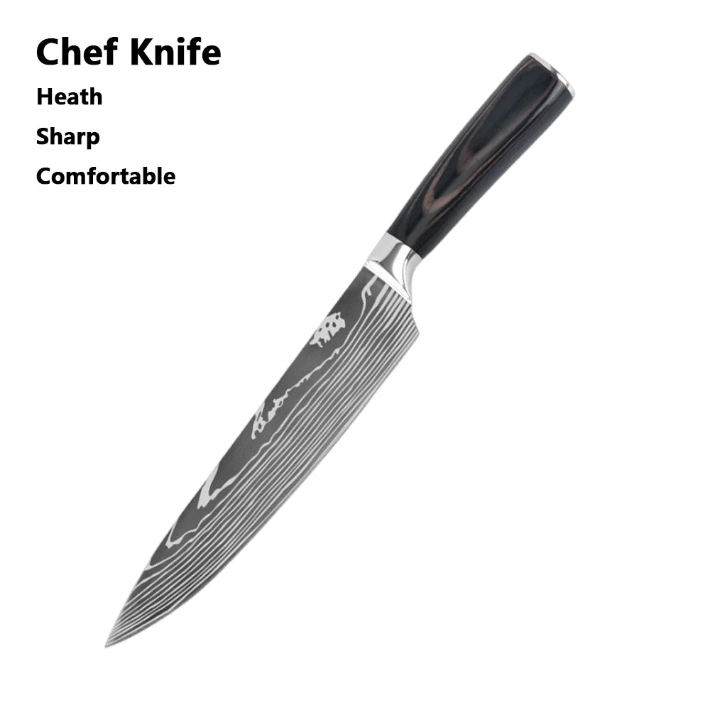 Chef Knife Set 1-10 Pc - Laser Damascus Pattern Japanese Santoku, Cleaver, Slicing and Utility Knives