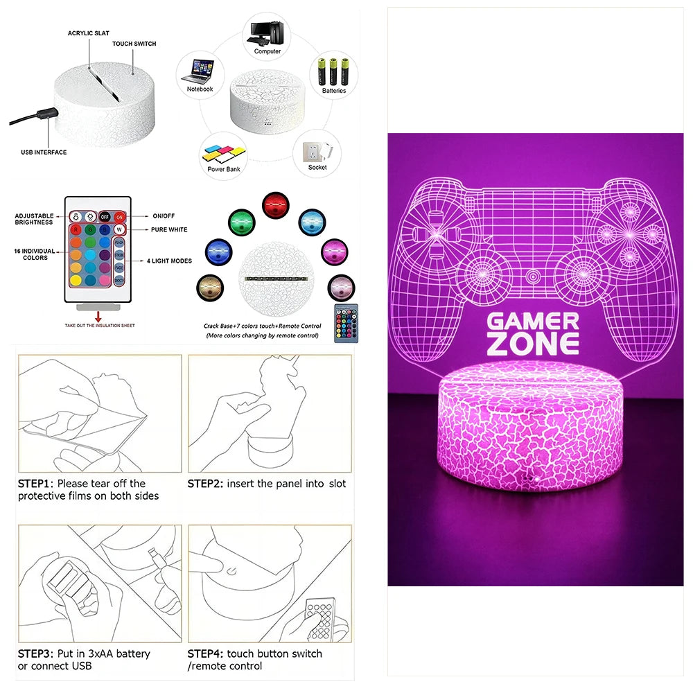 Neon Gamer 3D LED Night Light RGB – Gaming Table Lamp for Kids, Bedroom & Gamer Room