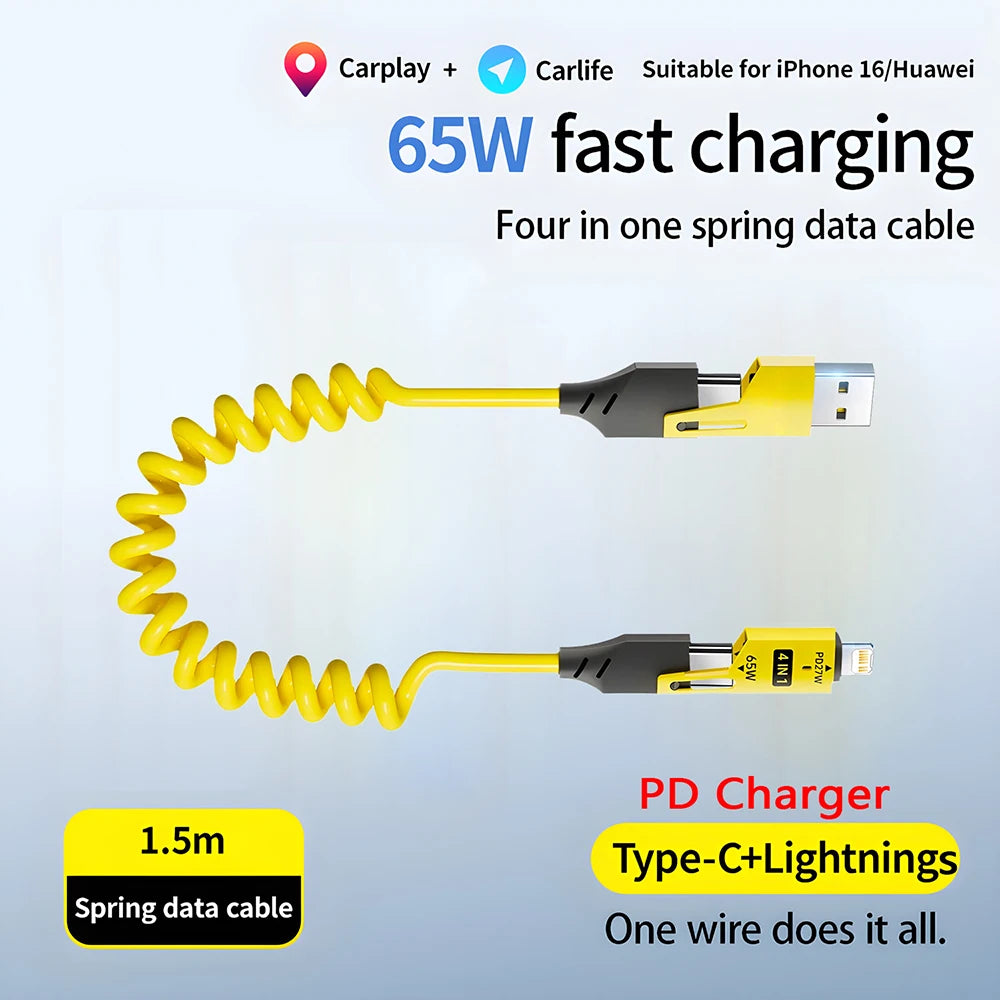 4-in-1 65W Telescopic Spring USB Cable – 6A Fast Charging & Data Sync (USB-C, Lightning, Micro USB)