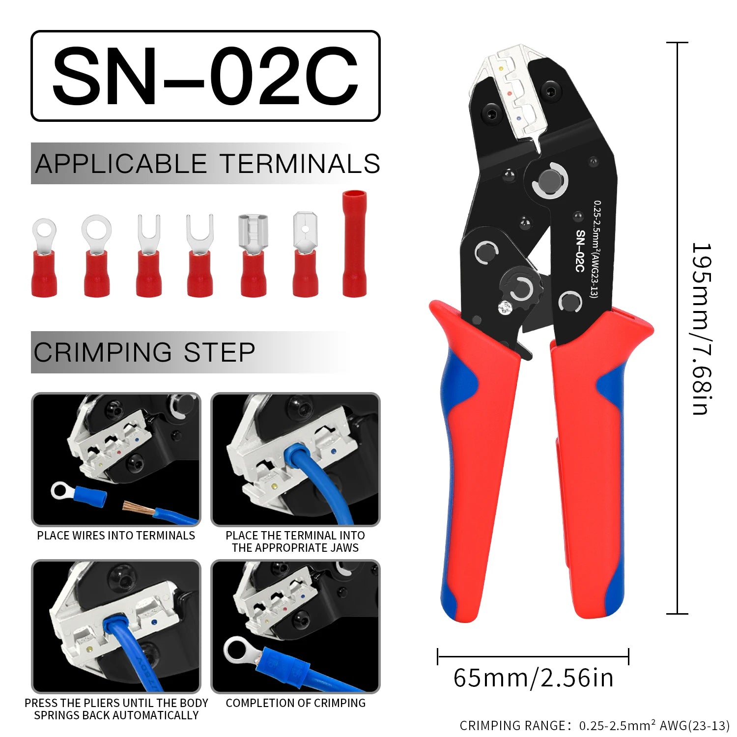 Ratcheting Crimping Tool for Insulated Electrical Connectors AWG 23-13, Wire Terminal Crimper