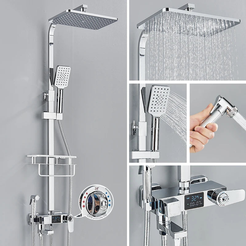 Black Thermostatic Shower Mixer with Digital Display, 4-Way Valve, 8-Inch (20 cm) Rainfall Head & Shelf