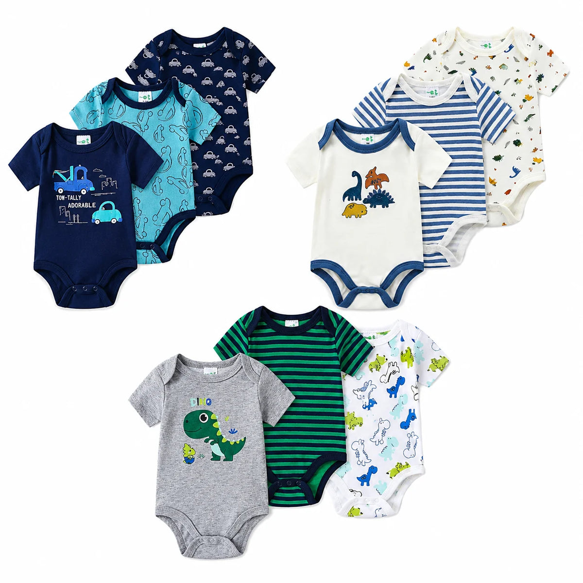 Baby Boy 3-Pack Short Sleeve 100% Cotton Bodysuits, Soft Onesies 3-12 Months