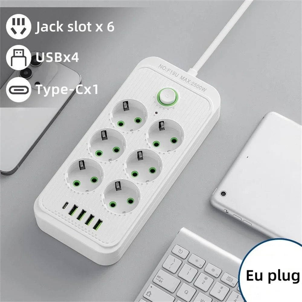 2M EU Plug Power Strip Surge Protector — Multi Outlet Extension Cord with 4 USB Ports & USB-C Fast Charging