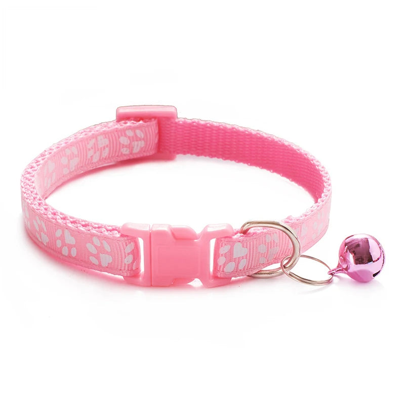 Adjustable Cat Collar with Bell and D-Ring, Dog-Print Rope Necklace, Multiple Colors