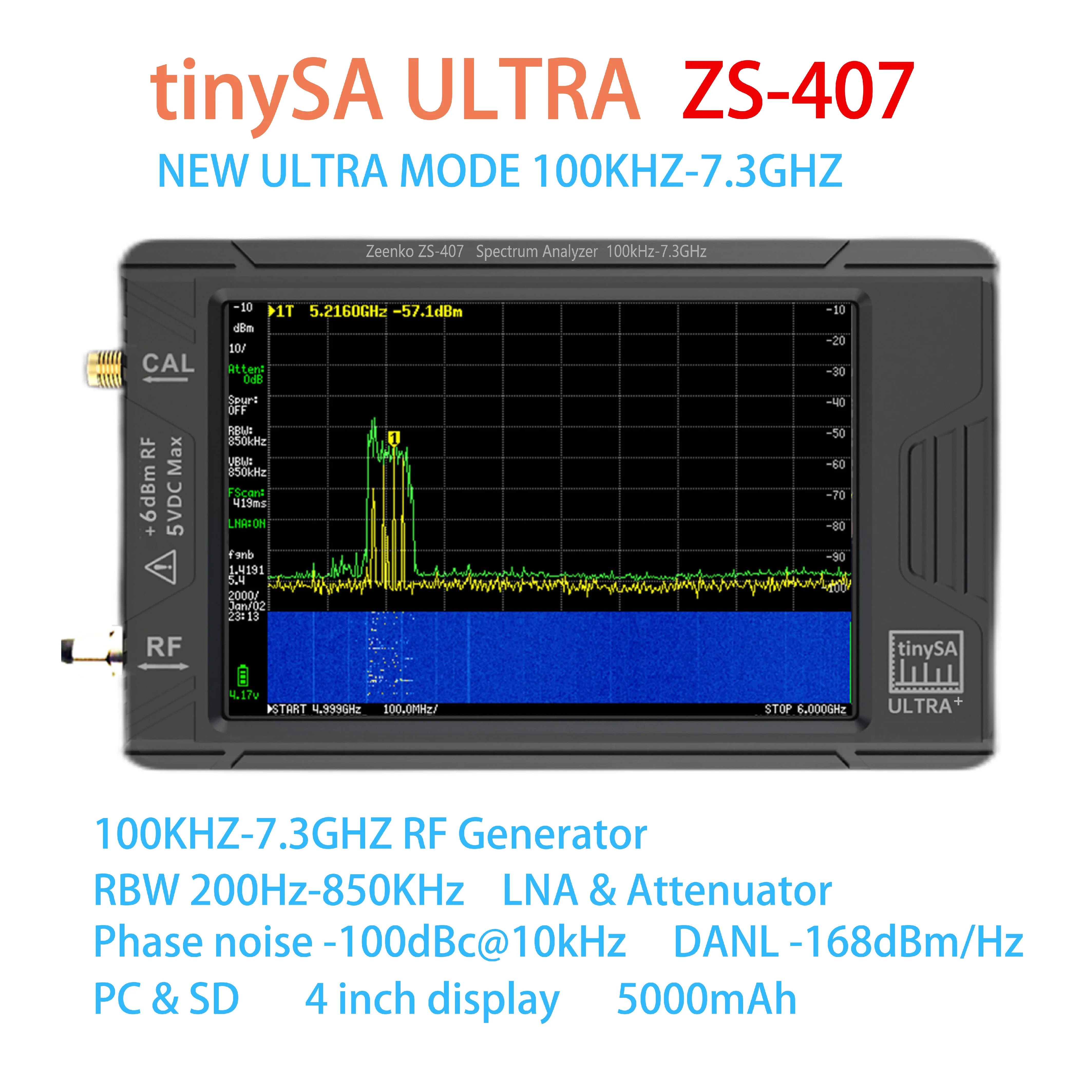 Handheld Tiny Spectrum Analyzer 4-inch (10.2 cm) Display 5000mAh Battery 100 kHz - 7.3 GHz