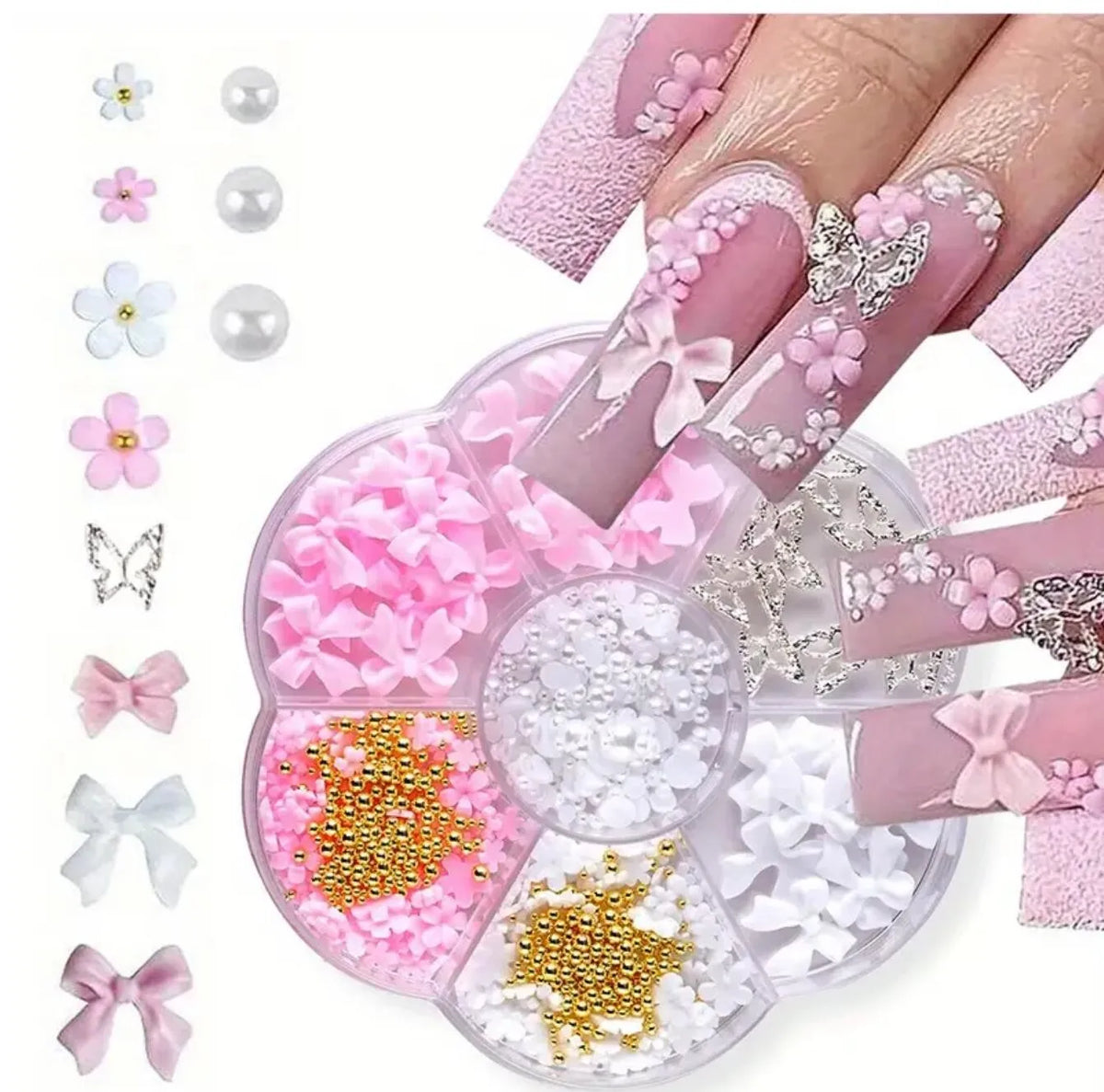 12-Grid Pink & White Nail Art Charms Set – Bows, Pearls, Rhinestones & Butterflies for DIY Manicure