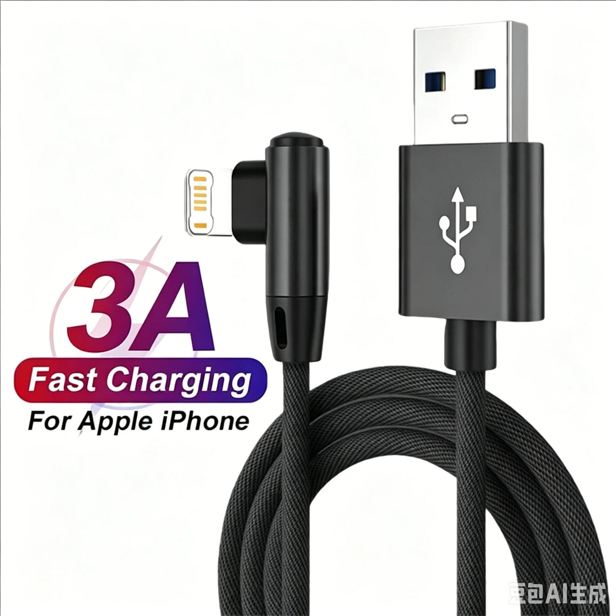 Fast Charge 90° Right Angle Lightning USB Cable for iPhone – Braided Nylon, 0.25–3M (0.8–9.8 ft)