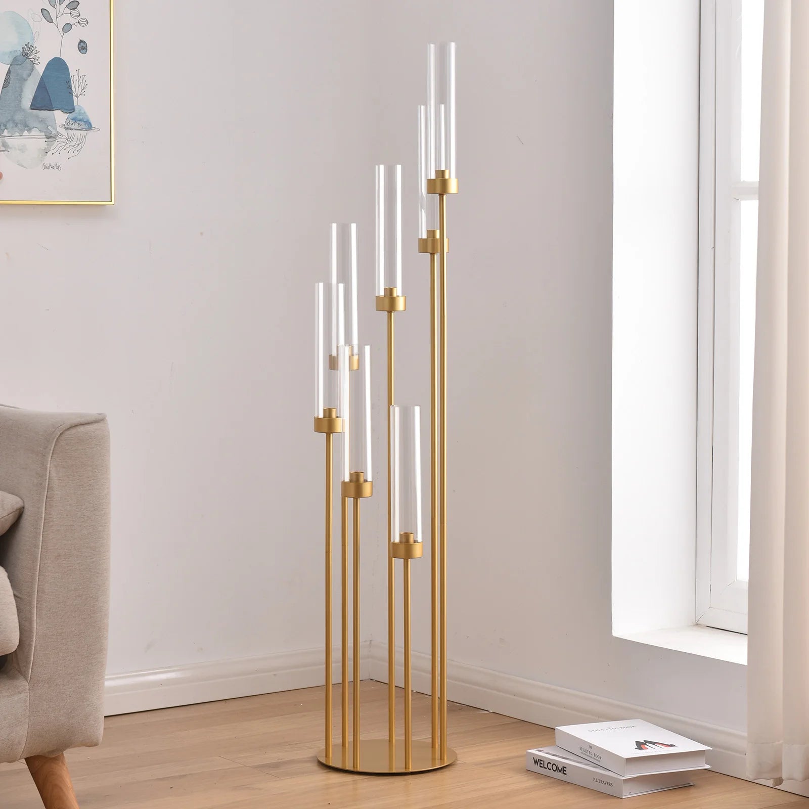 4-Pack 7-Arm Gold Floor Candelabra, 48 in (122 cm) Tall Metal Wedding Centerpiece with Removable Acrylic Shades