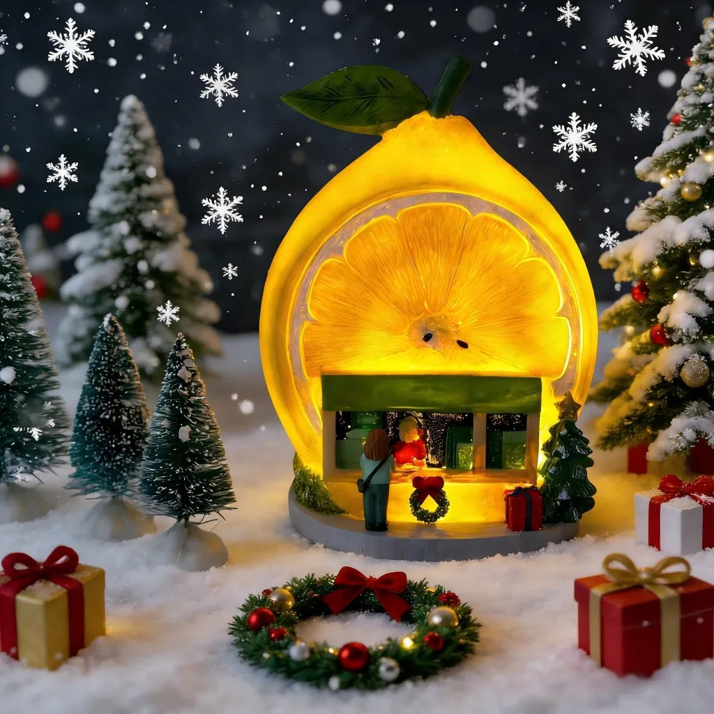 Lemon-Shaped LED Light-Up Christmas Ornament - Juices & Coffee Shop Snowy Village Figurine