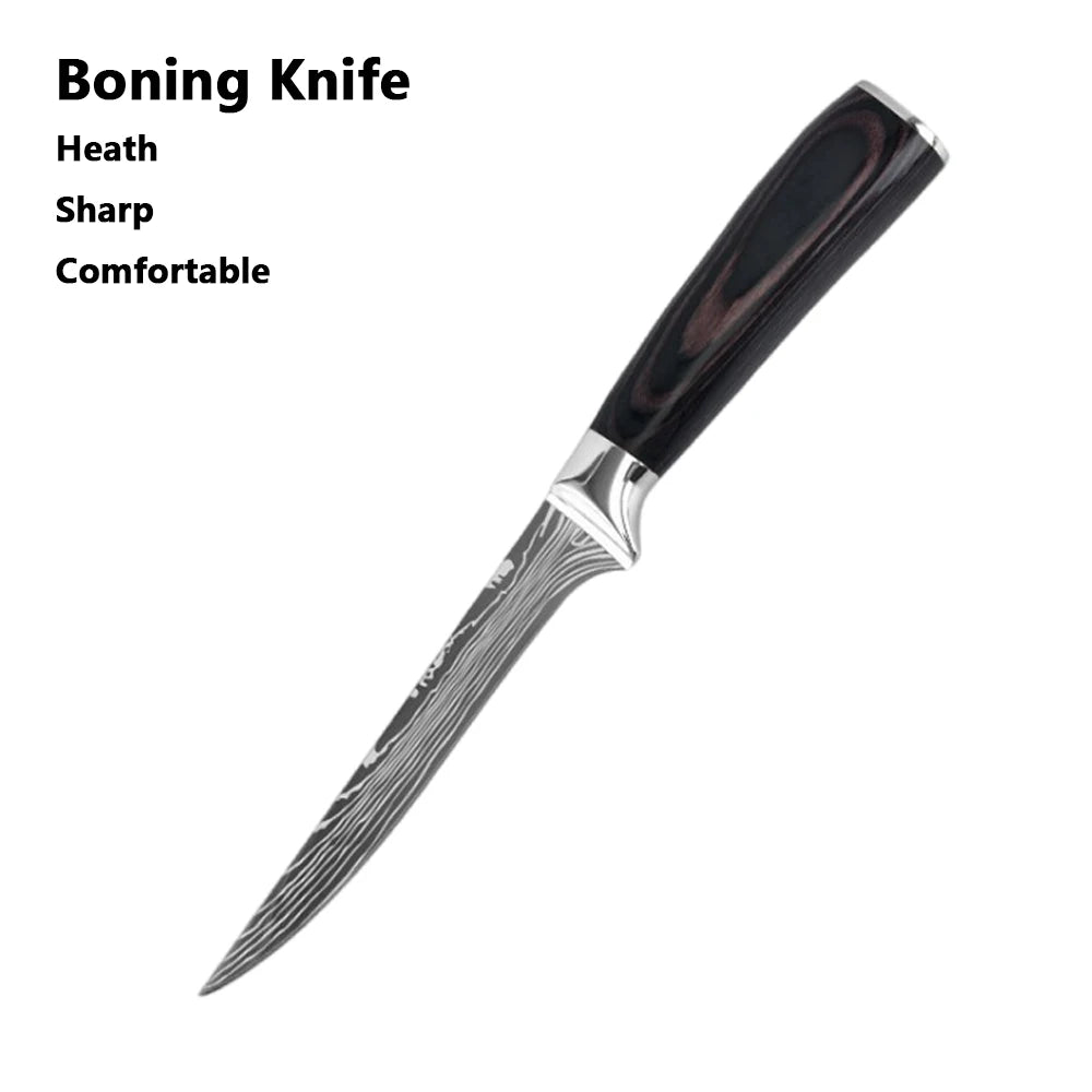 Chef Knife Set 1-10 Pc - Laser Damascus Pattern Japanese Santoku, Cleaver, Slicing and Utility Knives