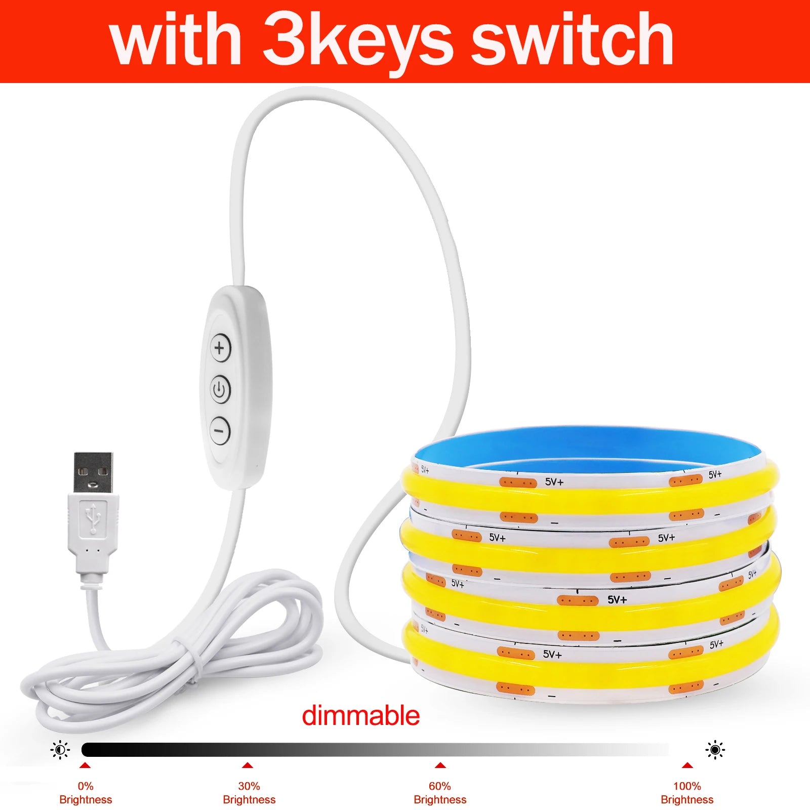 Dimmable COB LED Strip Light 5V USB with ON/OFF Switch — 320 LEDs/m High-Density Flexible Tape Light, Adhesive Backing, 3000K/4000K/6000K