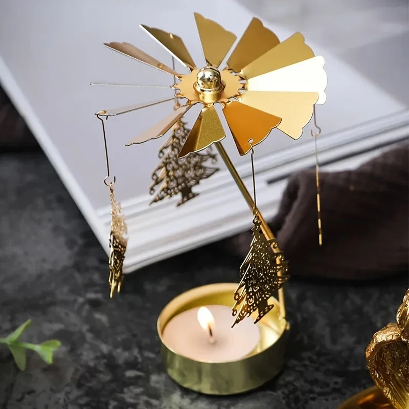 Gold Metal Rotating Tealight Candle Holder - Tabletop Spinner for Wedding Christmas Dinner Party Decoration Gift