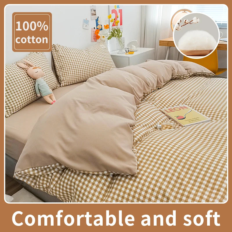 100% Cotton Plaid Stripe Duvet Cover Set - 3-Piece Breathable Washed Twill Bedding (1 Duvet Cover + 2 Pillowcases)