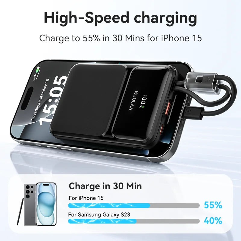 10000mAh 22.5W Fast Charging Portable Power Bank — Built-in USB-C & Lightning Cables, Digital Display, 4-Device Output