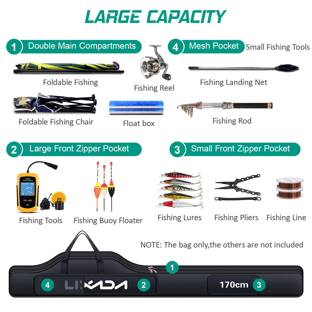 190cm (75 in / 6.2 ft) Portable Folding Fishing Rod & Reel Bag Tackle Storage Carry Case