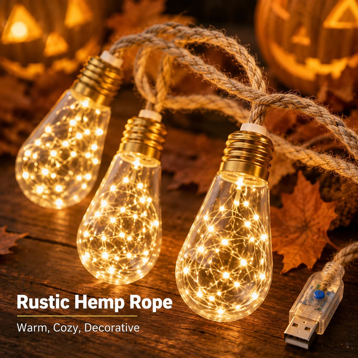 USB Hemp Rope Edison String Lights – Warm White 8/16/24 LED, 4m/6m/8m (13.1/19.7/26.2 ft), 8 Modes – Patio Porch Wedding Garden Decor
