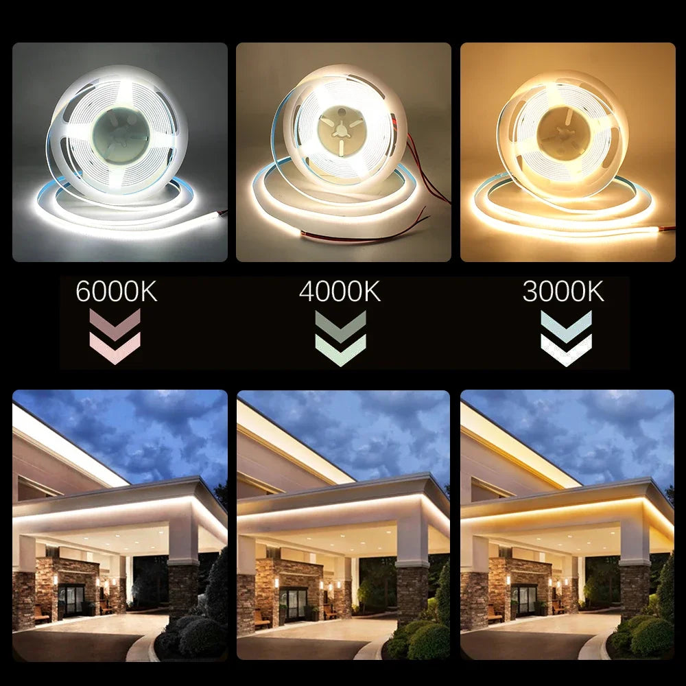 COB High-Density Flexible LED Strip Light – 320/384/480/528 LEDs/m, DC 5V/12V/24V, 3mm/5mm/8mm PCB Tape Light