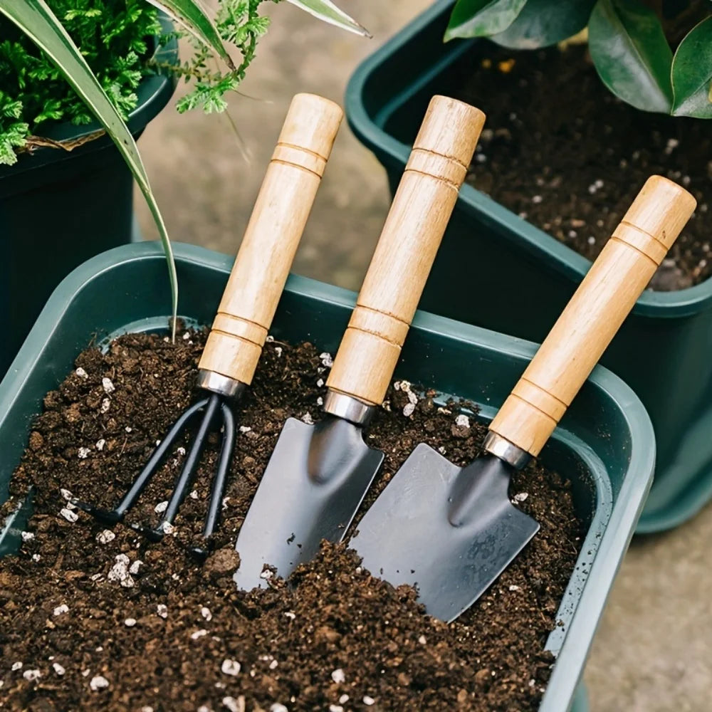3-Piece Mini Garden Tool Set – Wooden Handle Trowel, Wide Shovel & 3-Tine Rake for Potting, Succulents & Balcony Plants