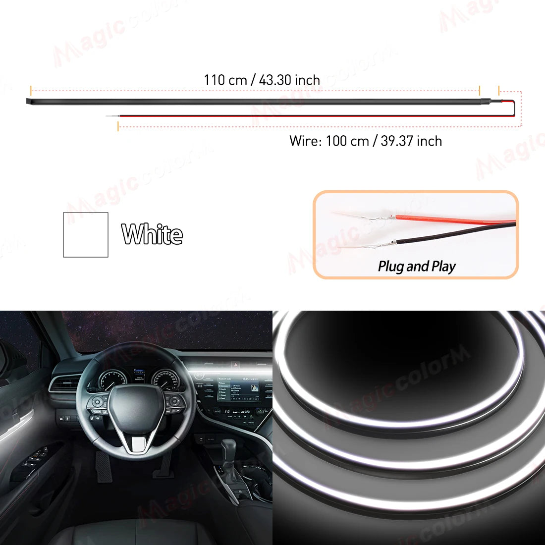 Car Interior Ambient LED Strip 110cm (43.3in), Universal DIY Flexible Cuttable Acrylic Lighting