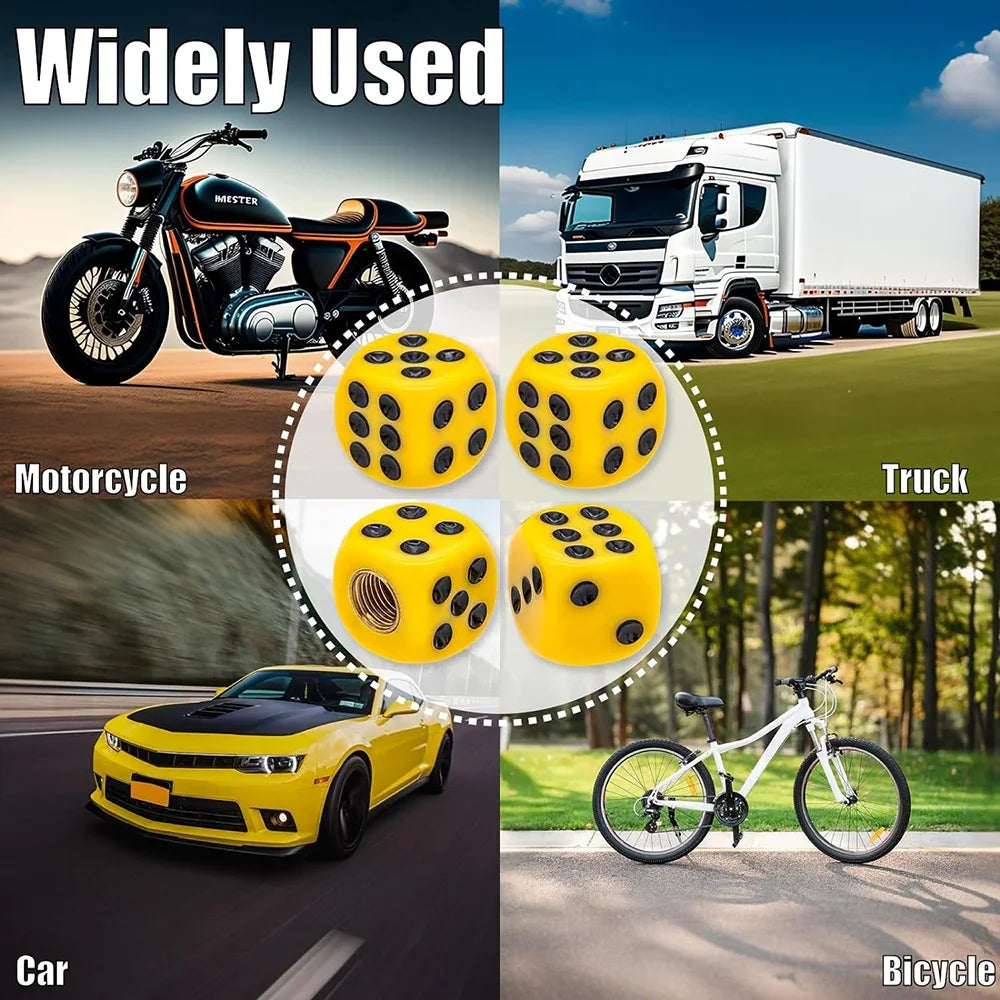4-Pack Dice Tire Valve Stem Caps – Waterproof Universal Valve Covers for Car Truck Motorcycle Bike, 16 x 16 mm (0.63 x 0.63 in) with 8 mm Thread