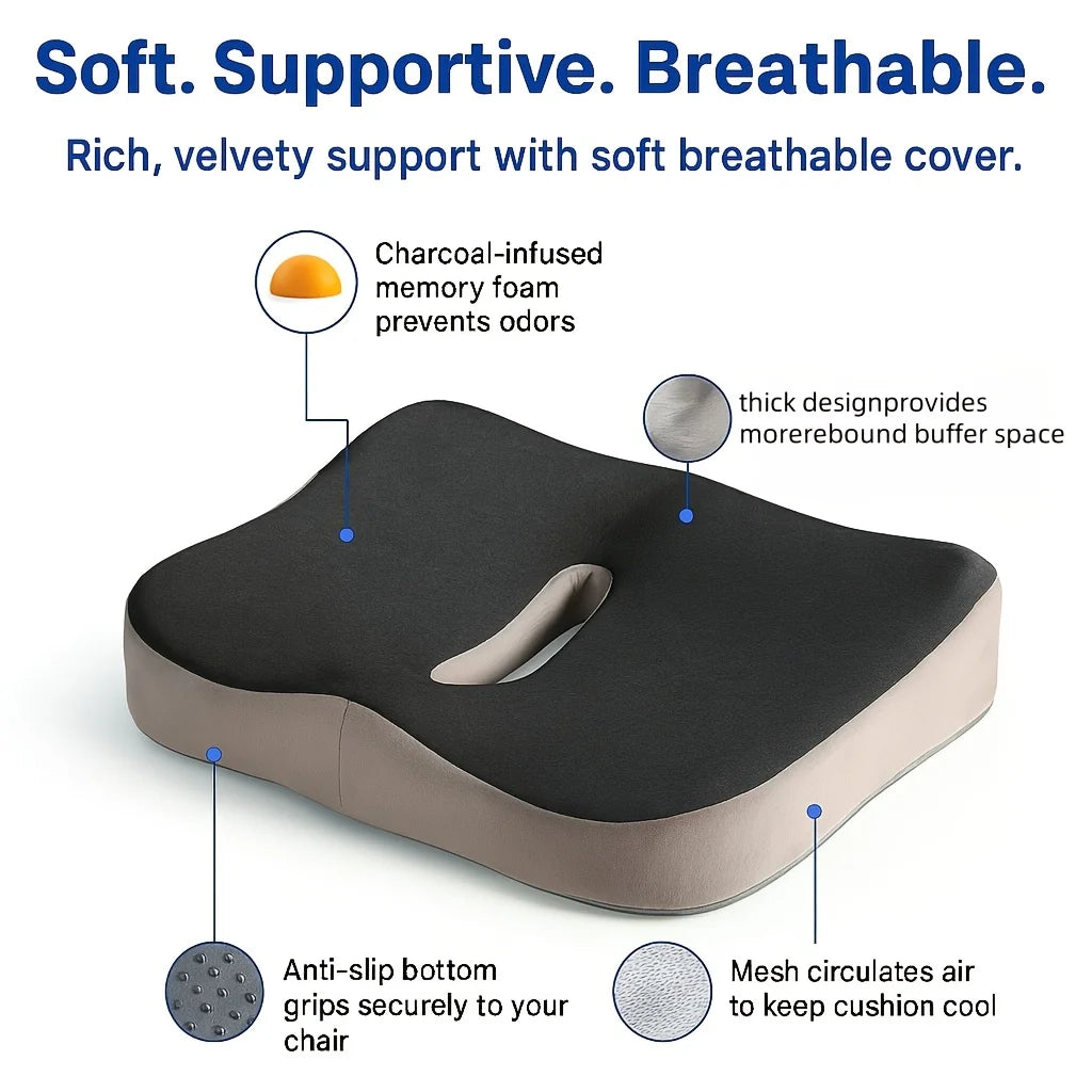 Memory Foam Seat Cushion with Center Groove – 3D Ergonomic Pressure Relief, Non-Slip Washable Cover for Office, Car & Home (Black/Grey)
