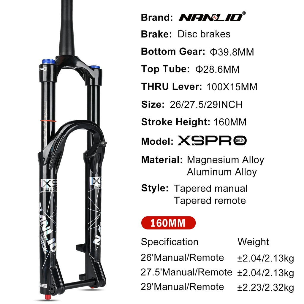 34mm MTB Suspension Fork for 26/27.5/29 in Wheels, Oil & Air Damping, 140/160mm (5.5/6.3 in) Travel with Metal Bushings