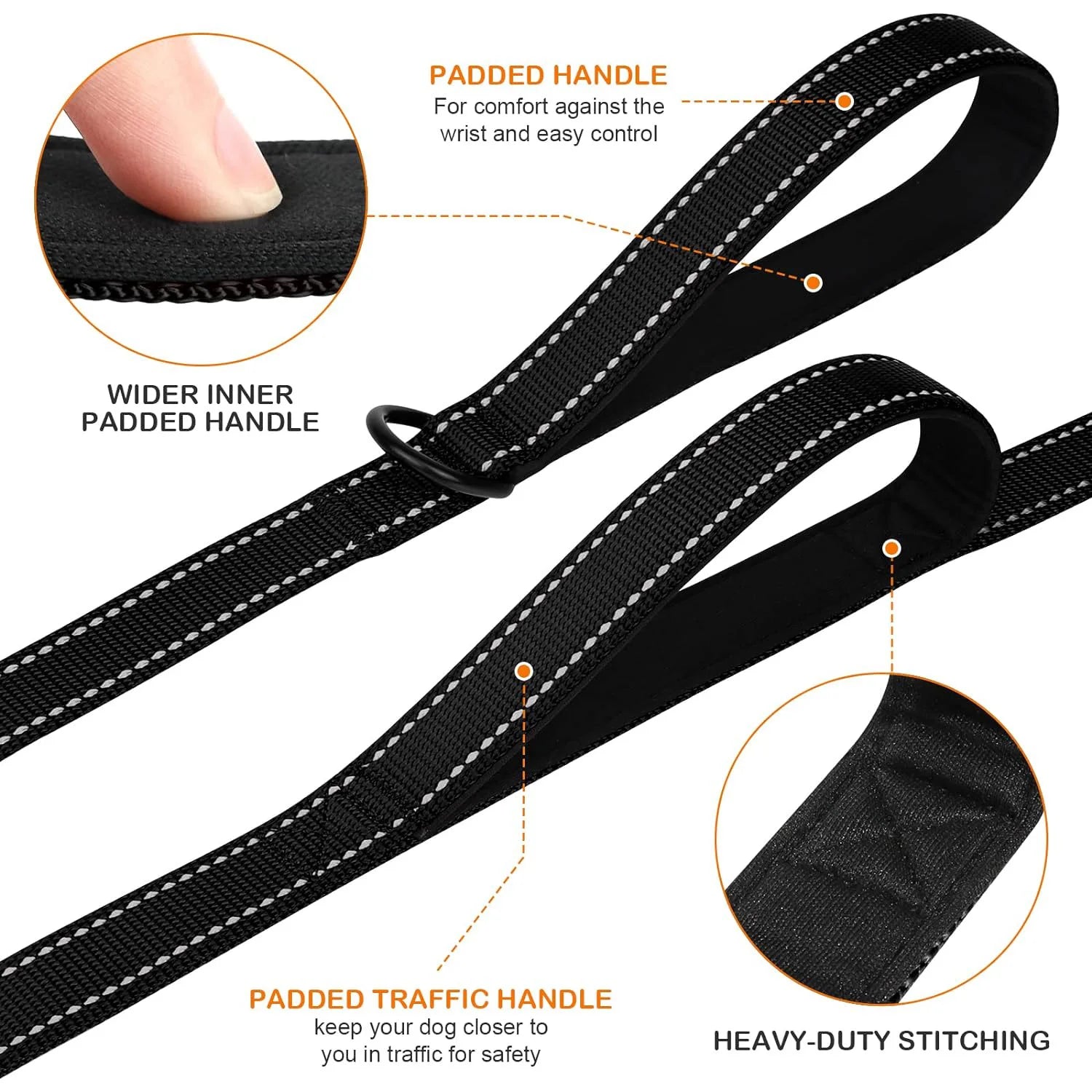 Heavy-Duty Double Handle Reflective Dog Leash for Large & Extra-Large Breeds