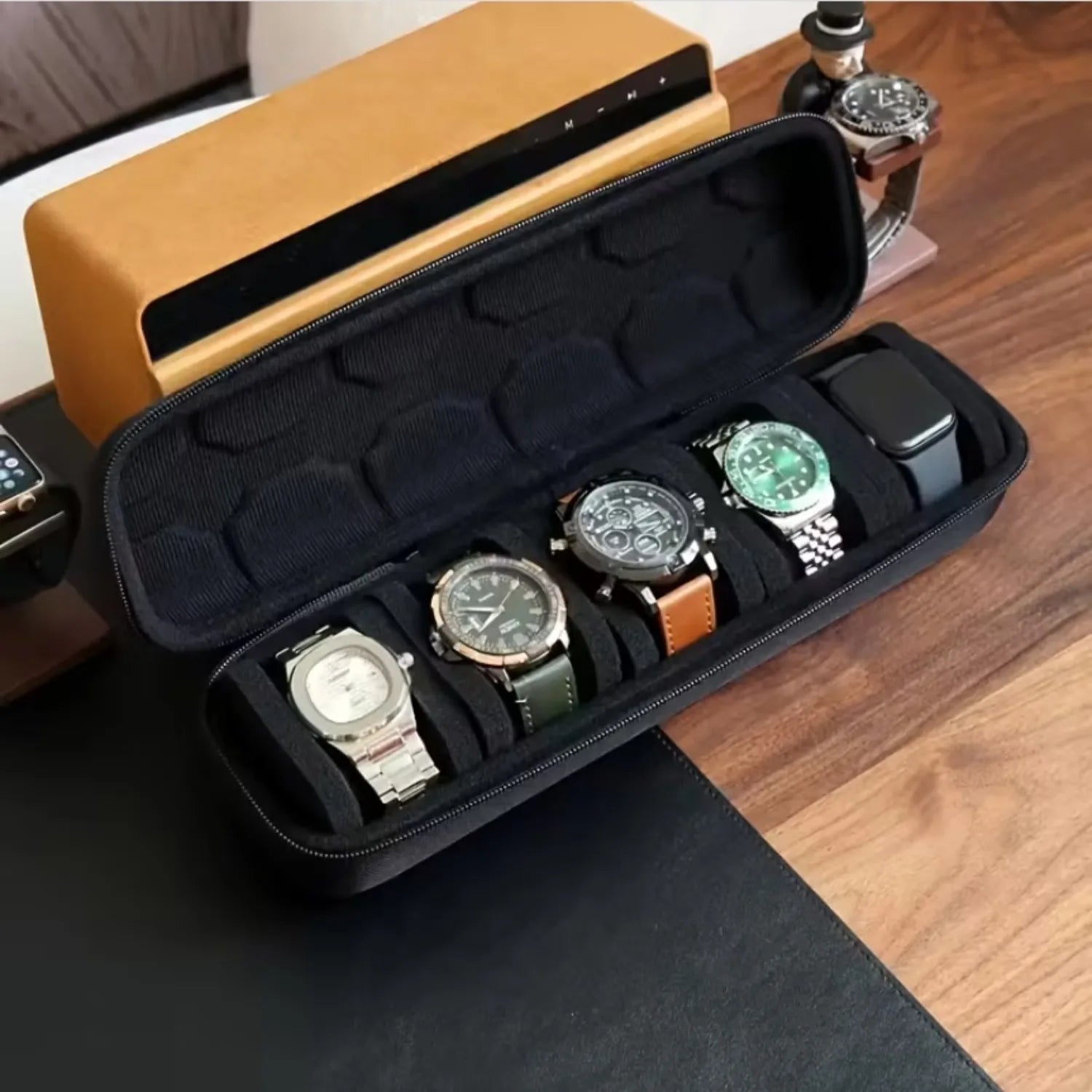 5-Slot Hard Shell Travel Watch Case with Pillow Inserts Black - Smartwatch Organizer Gift Box