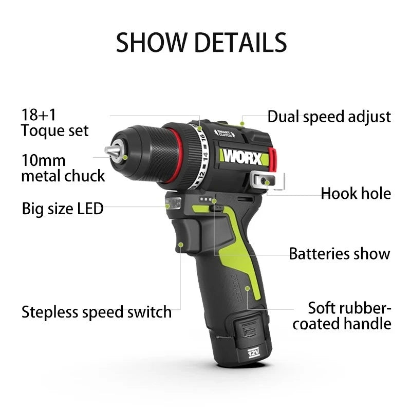 Cordless 12V Brushless Drill Driver 50 Nm Torque 1800 RPM Electric Screwdriver with Smart Clutch