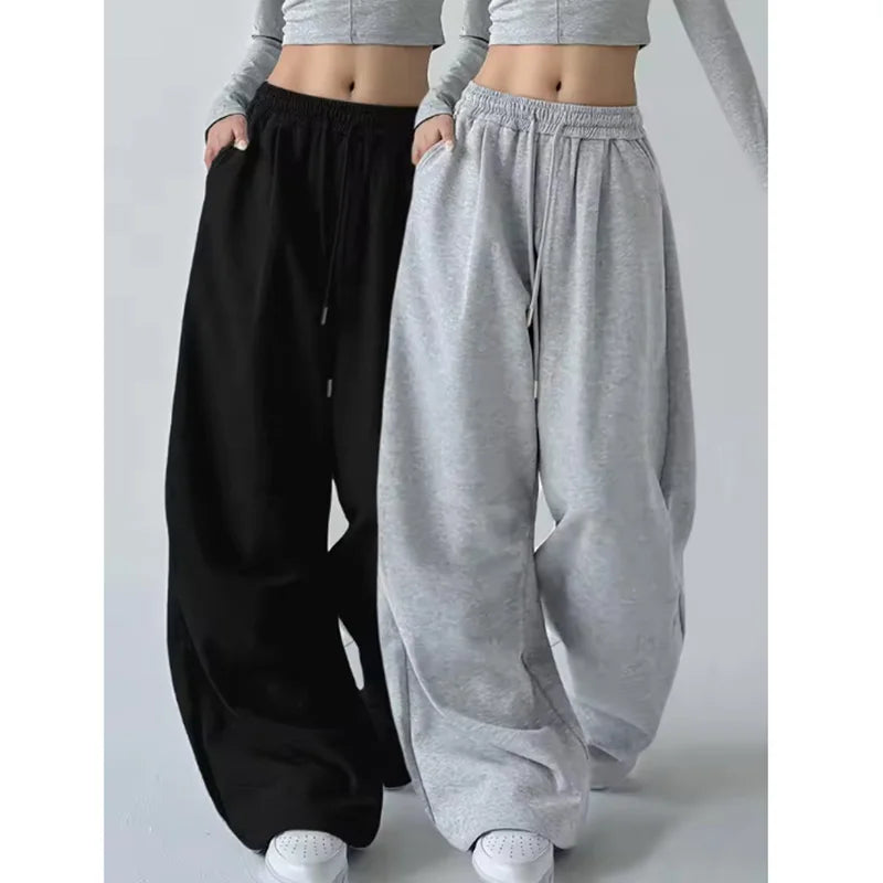 Harajuku Wide-Leg Sweatpants for Women – Oversized High-Waist Gray Drawstring Joggers