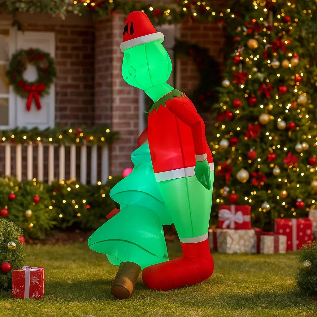 6.8 ft (2.07 m) Grinch Holding Christmas Tree Inflatable Yard Decoration – Outdoor Holiday Decor, Plug-In Inflatable