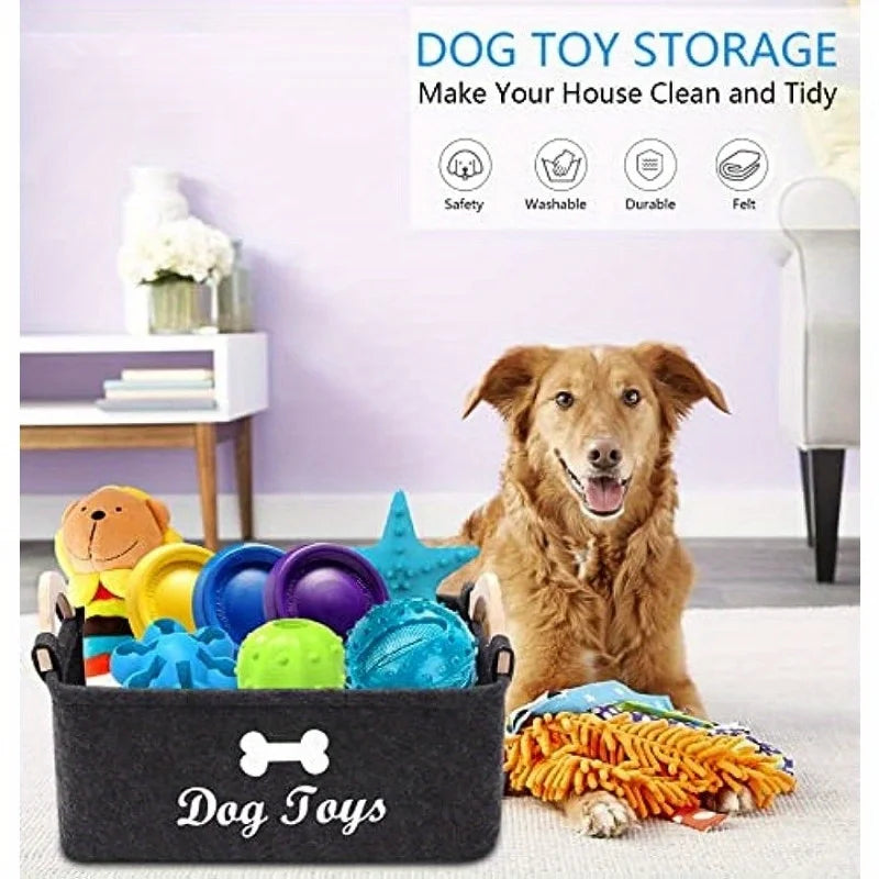 Felt Pet Toy Box Storage Basket – Dog Toy Organizer for Toys, Blankets, Leashes & Food