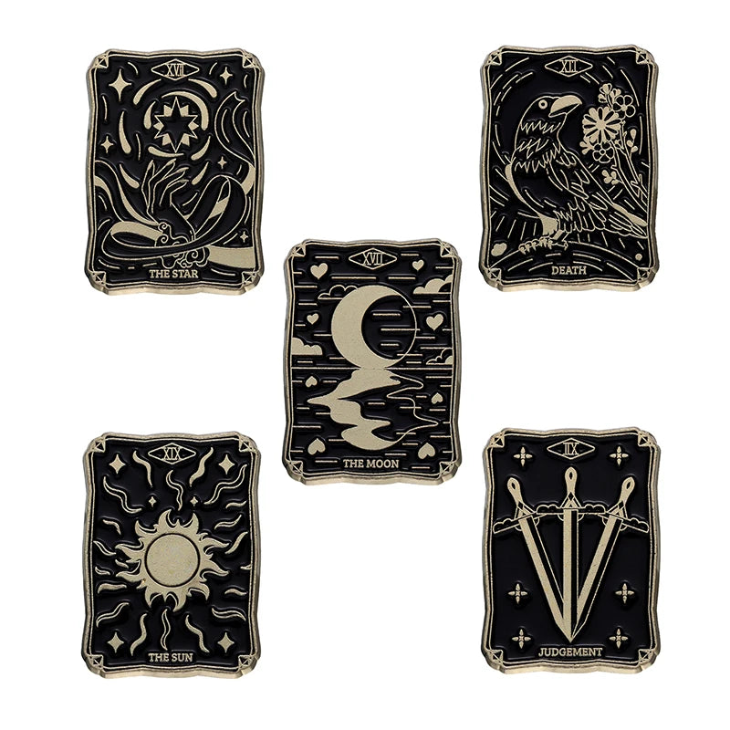 3–5 Piece Enamel Pin Set – Tarot Cards, Night Sky & Black Cat Lapel Pins | Punk Gothic Brooches Gift