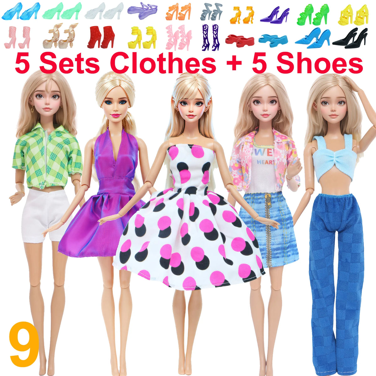 10-Piece 1/6 Scale Doll Clothes Set for 11.5–12 in (30 cm) Dolls — Dresses, Shirts, Pants & Shoes