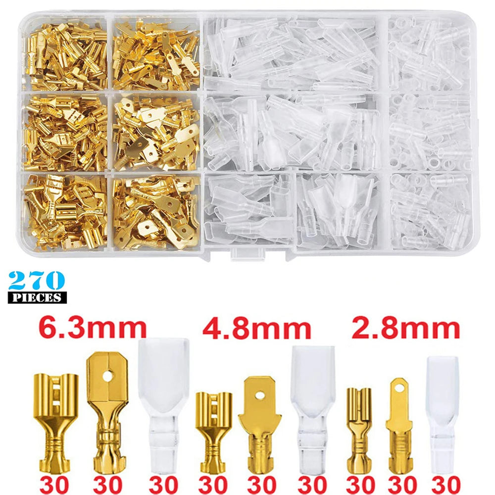270-Piece Insulated Male & Female Wire Spade Connector Kit 2.8/4.8/6.3 mm (0.11/0.19/0.25 in) – Electrical Crimp Terminals with Storage Box