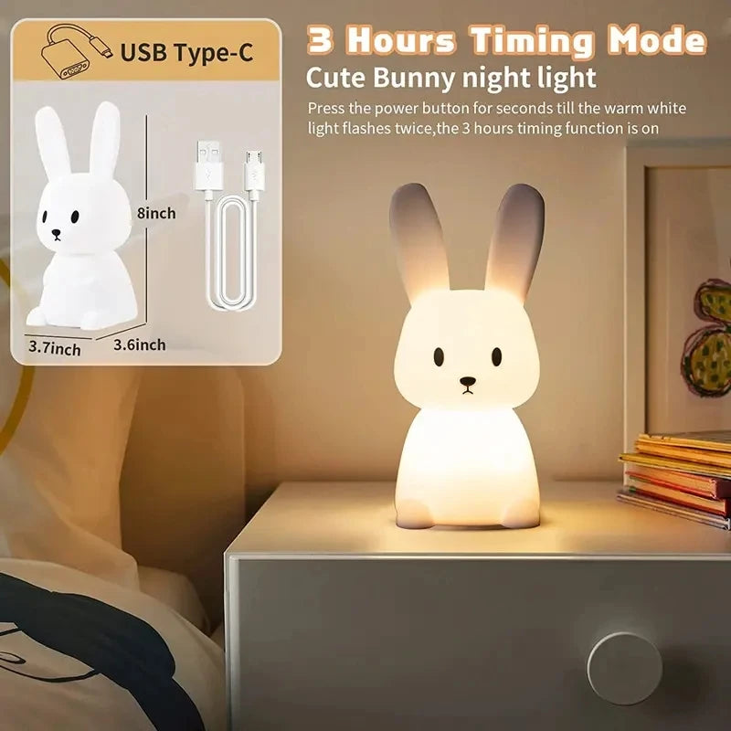 Silicone Rabbit Night Light - Touch Sensor LED, 7-Color USB Rechargeable Kids & Nursery Lamp