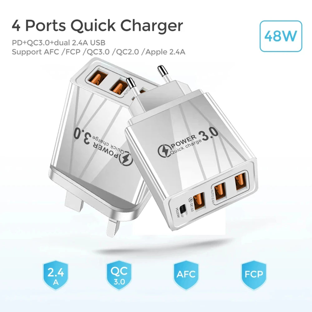 48W USB-C PD Fast Charger — QC 3.0 Wall Charger with EU/US Plug, Universal for Smartphones & Tablets