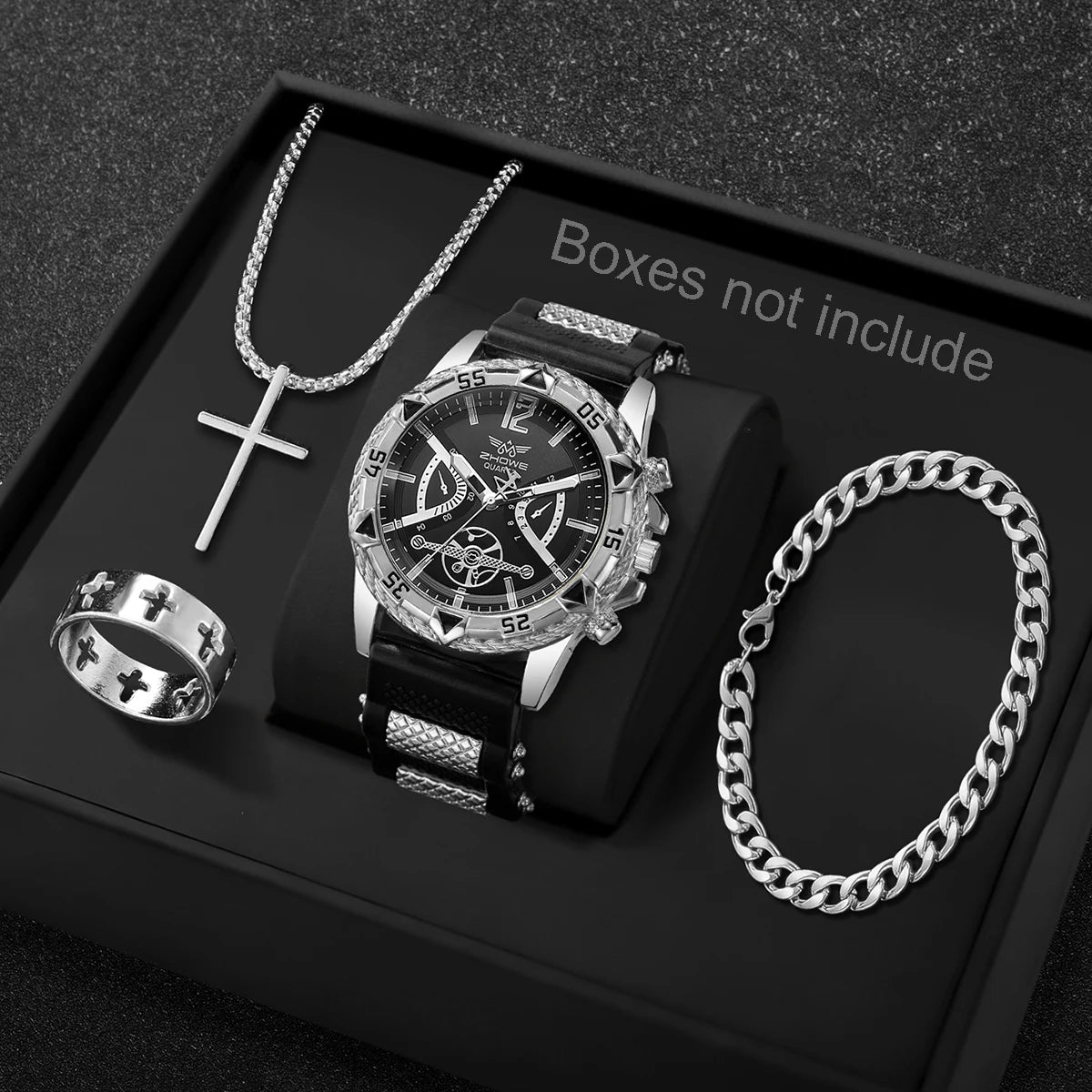 4-Piece Men's Arabic Numeral Quartz Watch Set - 45mm (1.77 in) Business Casual Wristwatch with Bracelet, Necklace & Ring