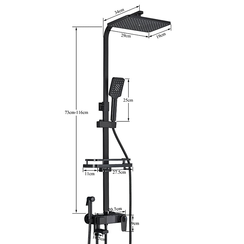 Black Thermostatic Shower Mixer with Digital Display, 4-Way Valve, 8-Inch (20 cm) Rainfall Head & Shelf