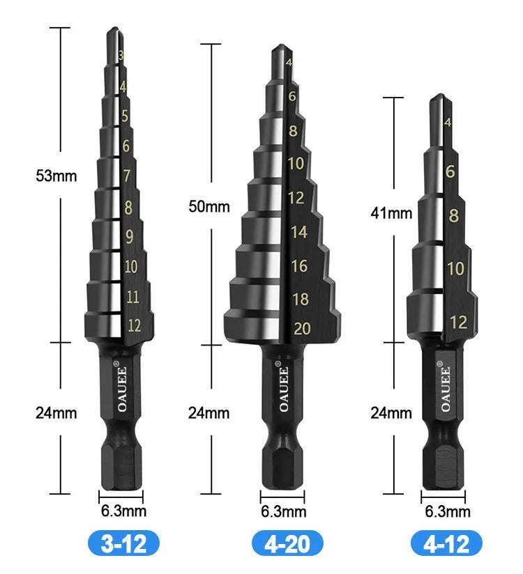 3-Pack HSS Step Drill Bits 3-12mm (0.12-0.47 in), 4-12mm (0.16-0.47 in), 4-20mm (0.16-0.79 in) Nitride Black Hex Shank Hole Cutter for Metal Wood Plastic