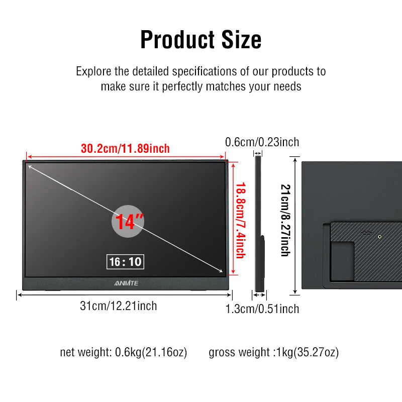 14-Inch (35.6 cm) Portable Monitor — 16:10 WUXGA 1920x1200 HDR10 IPS 400 nits 60Hz USB-C & HDMI (Touch Optional)